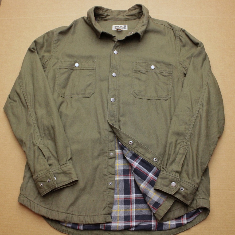 Duluth Trading Co Canvas Shacket Men XL Green Flannel Lined Workwear Snap Up